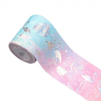 Wholesale 75 mm silver foil custom printed flamingo grosgrain ribbon