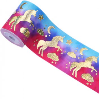 3 inch 75mm wide custom gold foil unicorn printed grosgrain ribbon