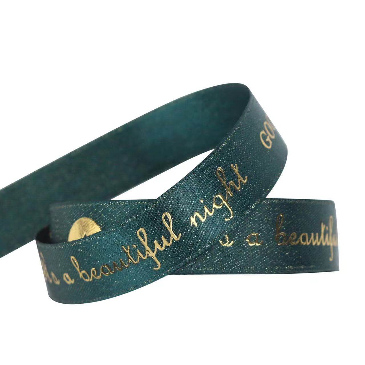 Double faced gold purl satin ribbon + Gold puff foil print Double faced gold purl satin ribbon + Gold puff foil print